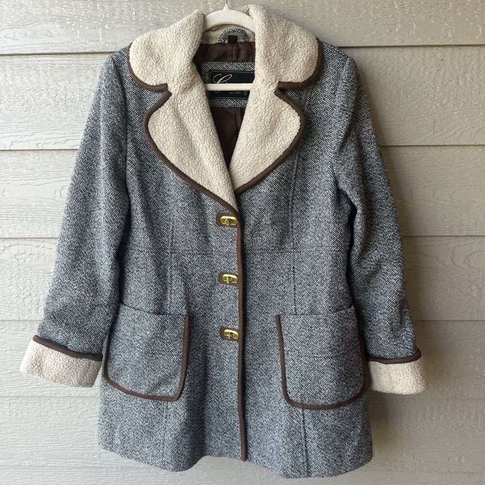 Guess Jacket Womens XL Coat Tweed Sherpa Trim Dark Academia Preppy Collegiate